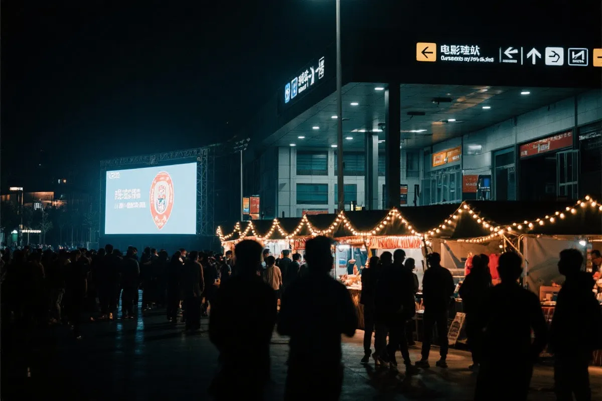 费城球迷广场夜景：大屏观赛人群、步行指示牌与公共交通入口